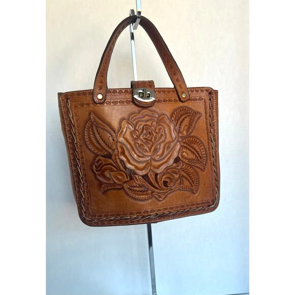 Brown Artisan Hand Tooled Rose Detail Brown Leather Tote Hand Bag Satchel Purse - Picture 1 of 10